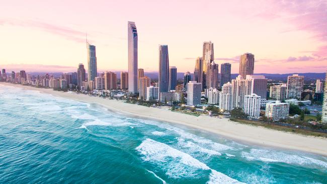 An aerial view at sunrise of Surfers Paradise on the Gold Coast.