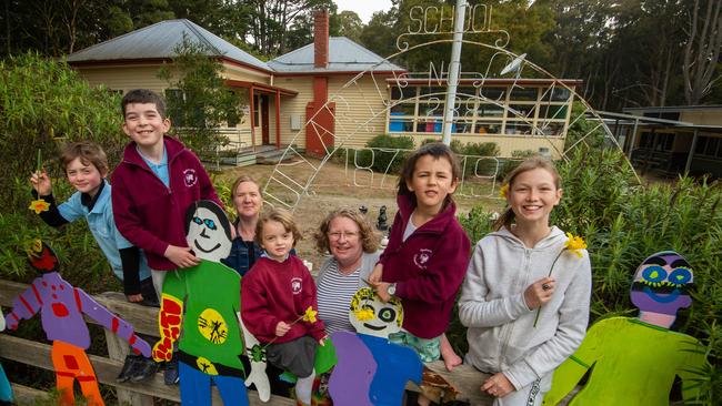 Bullarto Primary has one of the smallest student to teacher ratios in the state. The primary school near Daylesford has six students on campus and three teachers. Principal Jo Pegg and teacher Sally O'Leary (left) with students Asa, John, Nyssa, Asa and Lenni. Picture Jay Town