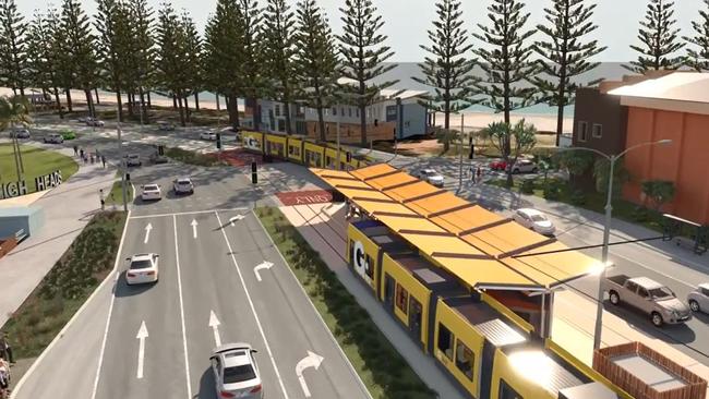 Gold Coast Light Rail Stage 3A artist impressions and stations between Broadbeach and Burleigh Heads.