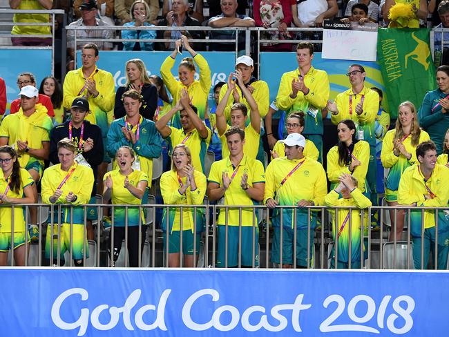 The Australians cheer Bronte Campbell‘s inspirational win. Picture: AAP