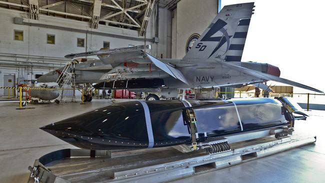 A long range anti-ship missile (LRASM) mass simulator is integrated onto an F/A-18E Super Hornet at NAS Patuxent River in 2015. Picture: File