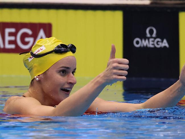 FUKUOKA, JAPAN - JULY 29: Kaylee McKeown of Team Australia celebrates winning gold in the in the Women's 200m Backstroke Final on day seven of the Fukuoka 2023 World Aquatics Championships at Marine Messe Fukuoka Hall A on July 29, 2023 in Fukuoka, Japan. (Photo by Sarah Stier/Getty Images)