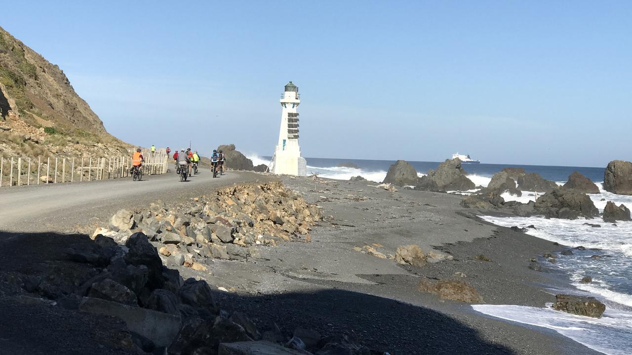 Scenic view and seaside landscape with lighthouse at Pencarrow Head, Wellington.