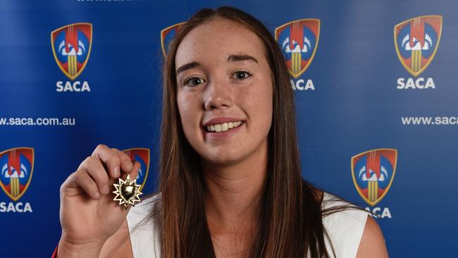 Former West Torrens cricketer Brooke Harris after winning the 2017-18 Karen Rolton Medal as the women’s Premier Cricket best and fairest. Harris has moved to Sturt for this coming campaign. Picture: Supplied, SACA