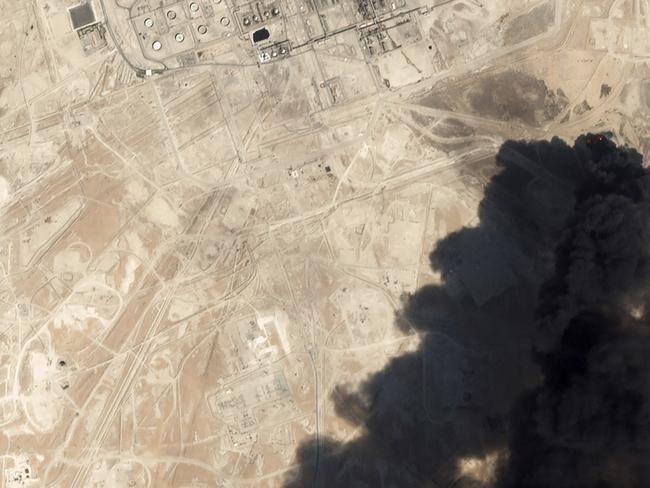 Thick black smoke rising from Saudi Aramco's Abqaiq oil processing facility in Buqyaq, Saudi Arabia. Picture: Planet Labs Inc via AP