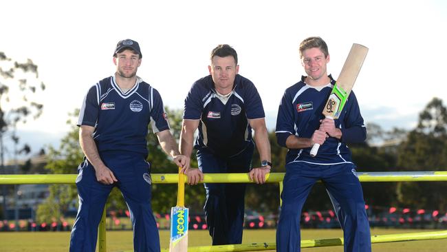 Geelong’s Eamonn Vines, Andre Borovec and Hayden Butterworth before the 2015-16 season. Picture: Mitch Bear