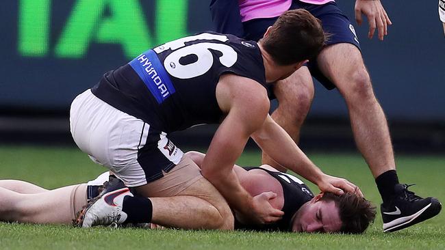 Jed Lamb lies unconscious after the incident with Bachar Houli. Pic: Michael Klein