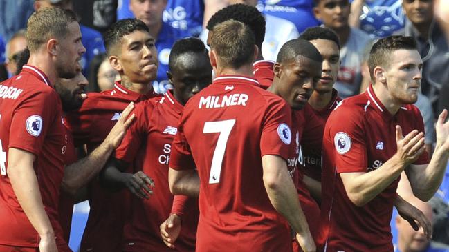 Liverpool players celebrate Sadio Mane’s (third left) goal against Leicester. Picture: AP