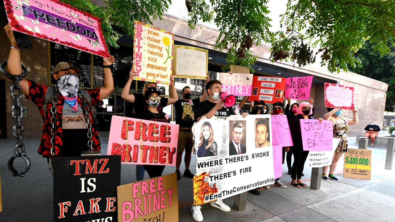 Supporters of Britney Spears’ end the conservatorship court case attend the #FreeBritney Protest outside Los Angeles Courthouse at Stanley Mosk Courthouse. Picture: Frazer Harrison/Getty/AFP