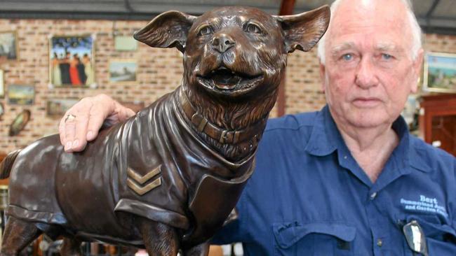 TRIBUTE: Ballina's Bert Elliott from Summerland Antiques and Garden Centre was commissioned to have a bronze sculpture made of Horrie the Wog Dog, which was a Second World War hero. Picture: Graham Broadhead