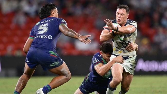 Scott Drinkwater of the Cowboys is tackled during the round nine NRL match between the New Zealand Warriors and North Queensland Cowboys at Suncorp Stadium on May 03, 2025, in Brisbane, Australia. (Photo by Hannah Peters/Getty Images)