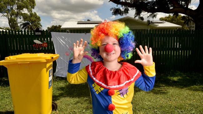 Troy Bartel, 5, has had his bin antics dressed as a clown posted on Facebook page Bin Isolation Outing. Picture: Evan Morgan