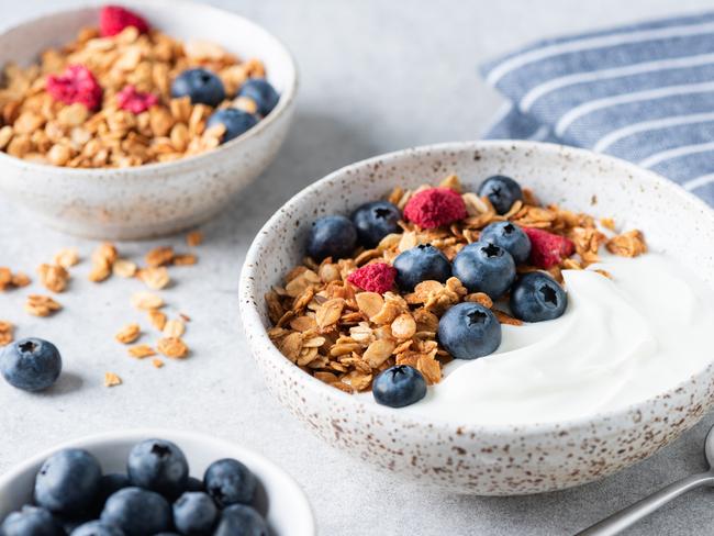 Yogurt bowl with granola and blueberries. Healthy breakfast or snack, rich in protein, fiber and calcium