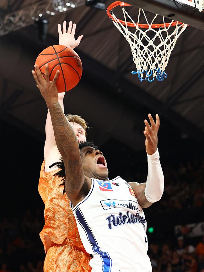 Adelaide's Kendic Davis heads straight to the hoop in the National Basketball League (NBL) match between the Cairns Taipans and the Adelaide 36ers, held at the Cairns Convention Centre. Picture: Brendan Radke