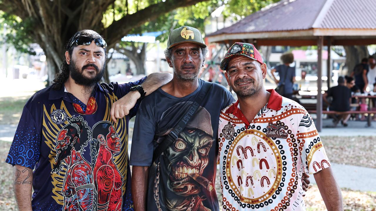 Gabriel Weatherall, Barachias Royee and Dwain Stewart, pictured at Norman Park, are disillusioned with politics, and say that the current crop of politicians don't listen or address the issues of the common people. Picture: Brendan Radke