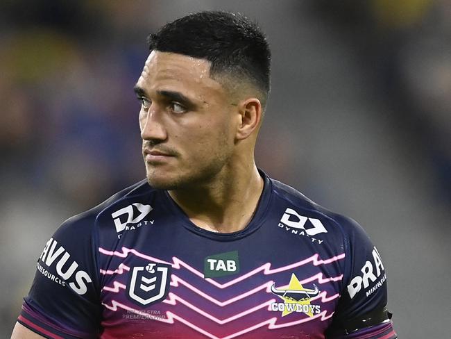 TOWNSVILLE, AUSTRALIA - JULY 22: Valentine Holmes of the Cowboys loduring the round 21 NRL match between North Queensland Cowboys and Parramatta Eels at Qld Country Bank Stadium on July 22, 2023 in Townsville, Australia. (Photo by Ian Hitchcock/Getty Images)