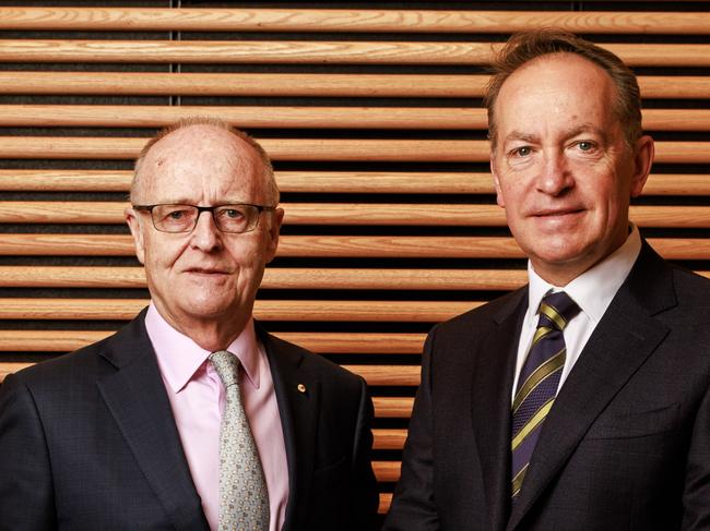 14/10/2024 Lendlease chairman Michael Ullmer with chair-elect John Gillam at their offices in Melbourne. Photo: Aaron Francis Photography