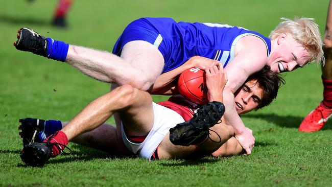 Sacred Heart captain Beau McRae, in action during his side’s clash with Prince Alfred earlier this year, won the best-on-ground medal when Hearts played Victorian school Assumption College on Saturday. Picture: AAP/Mark Brake