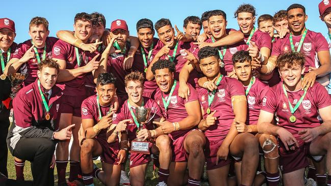 Queensland celebrate after winning the under 18 ASSRL schoolboy rugby league championship grand final between QLD v NSW CHS from Moreton Daily Stadium, Redcliffe. Picture: Zak Simmonds