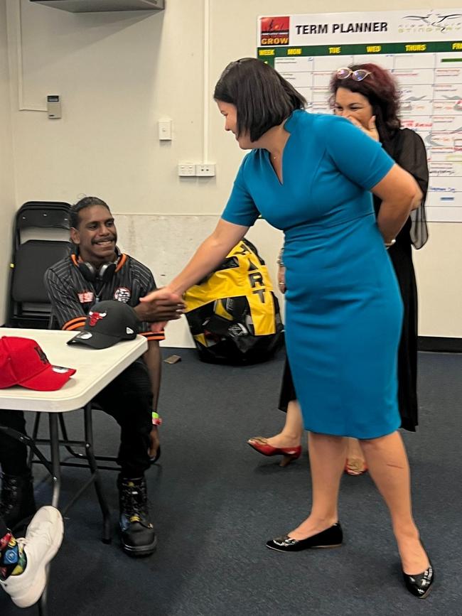 Chief Minister Natasha Fyles was surprised to find “local celebrity” croc-bite survivor Dennis at her visit to Nightcliff Middle School last week. Picture: Supplied/@NatashaFylesMLA