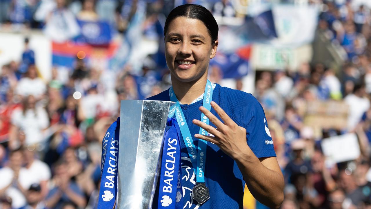 READING, ENGLAND - MAY 27: Sam Kerr of Chelsea Women celebrates with the Women's Super League trophy after the FA Women's Super League match between Reading and Chelsea at Select Car Leasing Stadium on May 27, 2023 in Reading, England. (Photo by Visionhaus/Getty Images)