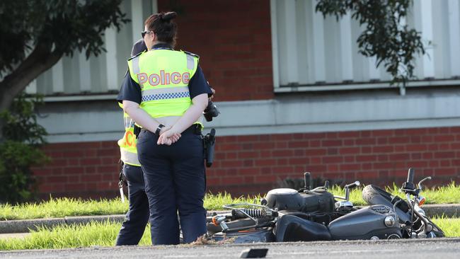 Fatal car v's motorcylist on the corner of Melbourne Road and North Shore Road, Norlane. Police at the scene. Picture: Peter Ristevski