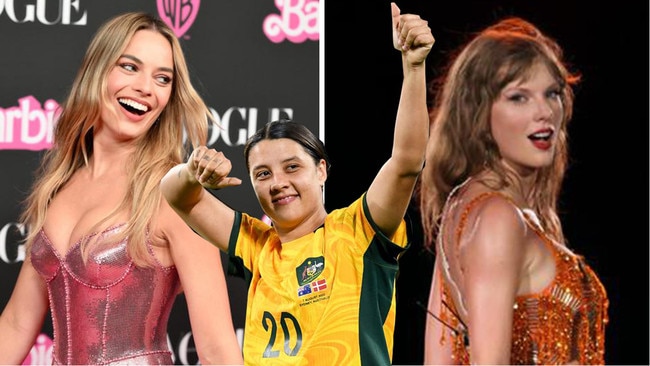 Hear them roar: Margot Robbie as Barbie, left, Taylor Swift, right, and the Matildas’ Sam Kerr, inset. Pictures: News Corp