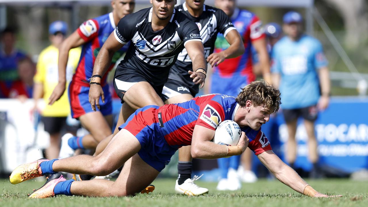 Cody Hopwood scores a try. Picture: Michael Gorton. NSWRL Junior Reps, SG Ball Cup round three, Newcastle Knights vs Western Suburbs Magpies at St Johns Oval, 17 February 2024