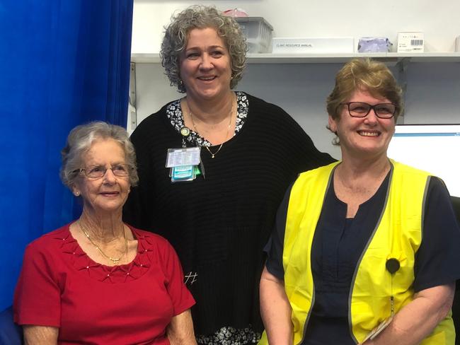 IRST JAB: Fay Birrney, 83, was delighted to be the first person to receive a COVID-19 Jab at the NNSWLHD's new clinic at Lismore Square. L-R Ms Birney, Lismore Base Hospital Clinic and Lismore Square Clinic Manager, Sandra Vidler and nurse Schipanski. Photo: Alison Paterson