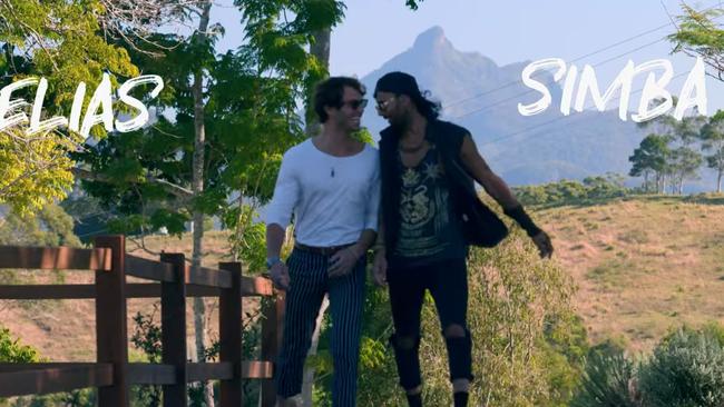 Byron Baes stars Elias Chigros and Simba Ali with Wollumbin (Mt Warning) in the background of a shot likely in the Tweed Valley. Picture: Netflix