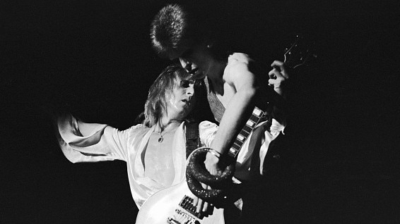 Bowie and Mick Ronson playing together during Bowie's last appearance as Ziggy Stardust, at the Hammersmith Odeon, in July 1973. Picture: Debi Doss/Hulton Archive/Getty Images