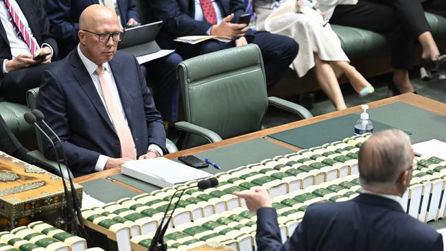 Opposition Leader Peter Dutton listens to Anthony Albanese during question time. Picture: Martin Ollman/NewsWire