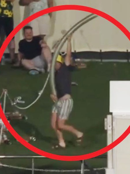 Lachie Burtt with his giant beer on day one of Australia v India test 2 at Adelaide Oval. Picture: Fox Cricket