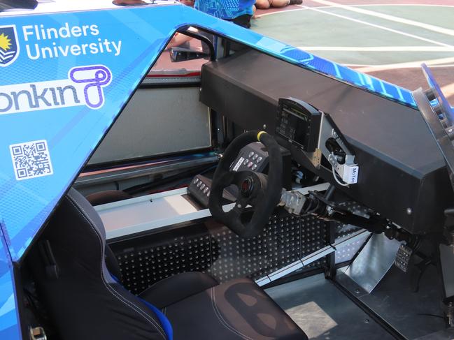 Inside the cockpit of the Flinders University cruiser class solar electric car at Palmerston Christian College, Monday, October 16, 2023. Picture: Darcy Jennings.