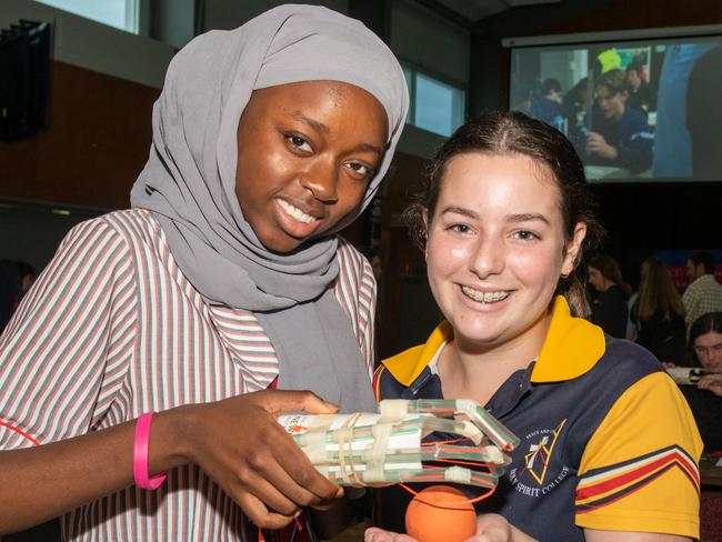 Jasmine Salmon  from Whitsunday Anglican School and Georgia Borg from Holy Spirit College at the Science and Engineering Challenge hosted by Whitsunday Anglican School in Mackay. Picture: Michaela Harlow