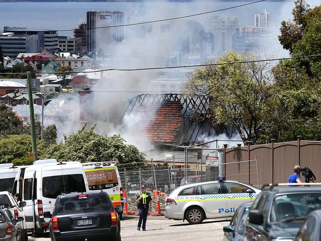 The fire at the Peacock Centre in North Hobart. Picture: SAM ROSEWARNE.