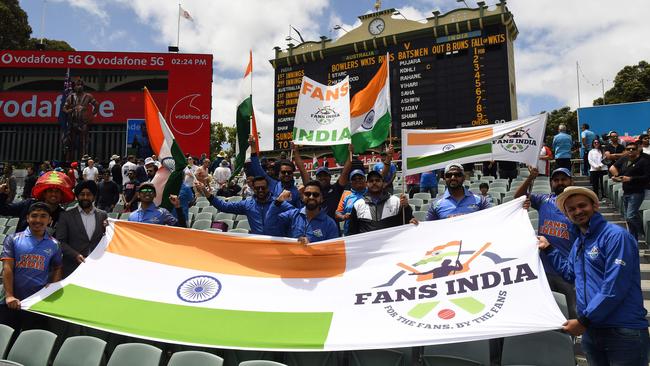 Indian fans watch the game on the first day of the cricket Test match between Australia and India. Picture: William West / AFP