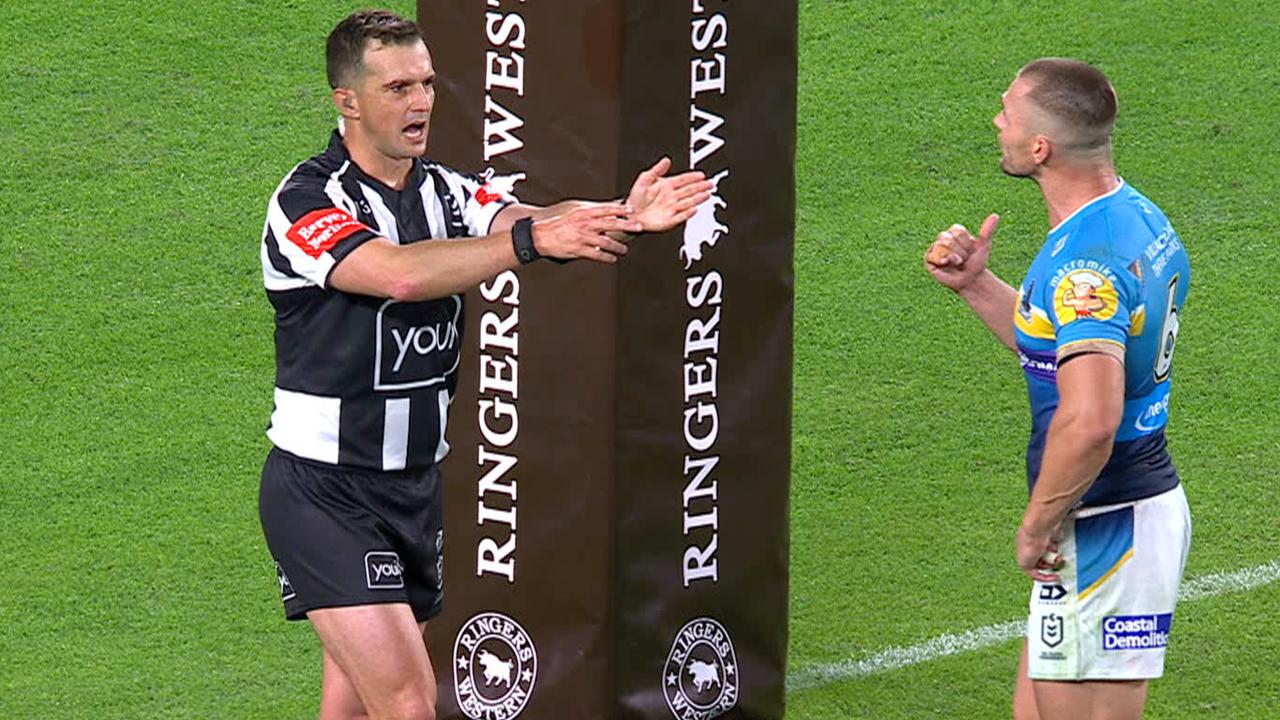 Referee Grant Atkins and Kieran Foran. Fox Sports