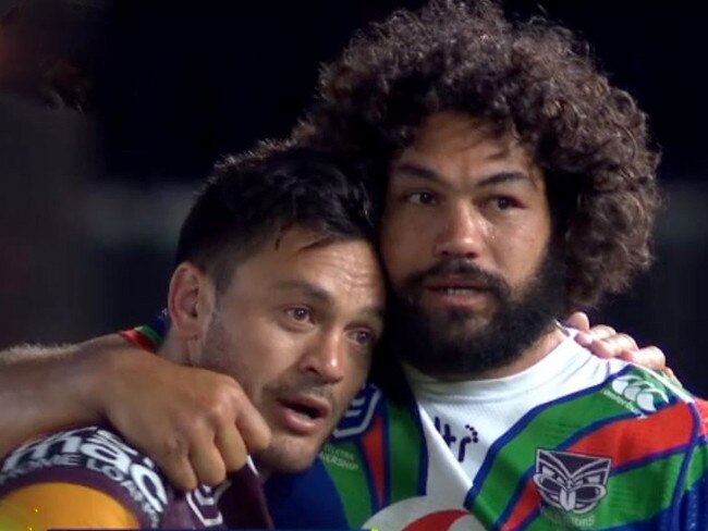 Adam Blair comforts Brisbane Broncos captain Alex Glenn.