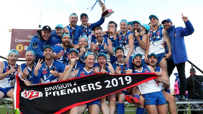 Sunbury Kangaroos celebrate last year’s flag. Picture: Mark Dadswell