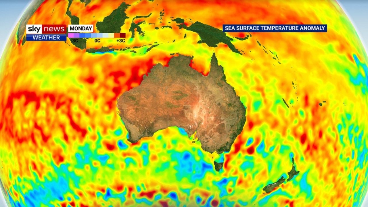 The likely “hotter than usual summer” is due to the warm seas we have surrounding Australia. Picture: Sky News Weather