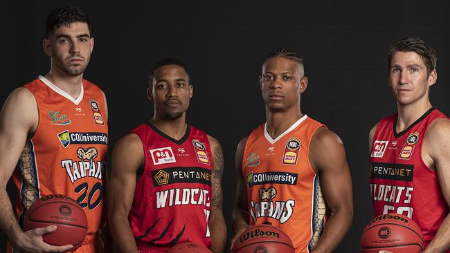 MELBOURNE, AUSTRALIA – FEBRUARY 17: (L-R) Fabijan Krslovic of the Taipans, Bryce Cotton of the Wildcats, Scott Machado of the Taipans and Damian Martin of the Wildcats pose during the 2020 NBL Finals Launch at Crown Palladium on February 17, 2020 in Melbourne, Australia. (Photo by Daniel Pockett/Getty Images)