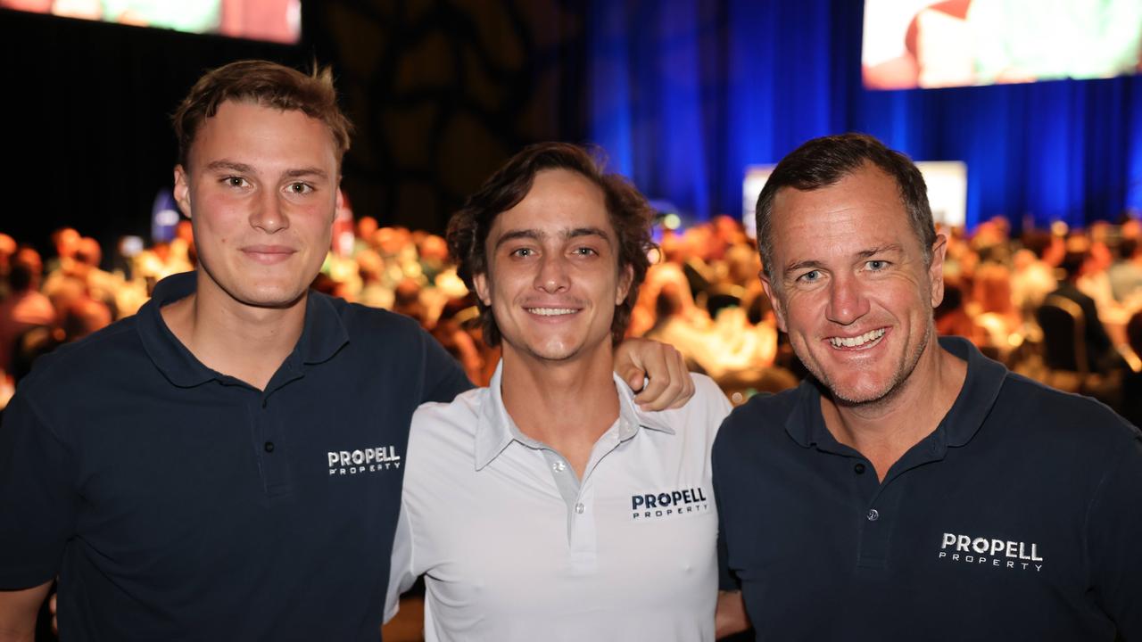 Jayden Milne, Jack Poulier and Michael Pell at the TSS Foundation Breakfast, Gold Coast Convention and Exhibition Centre. Picture, Portia Large.