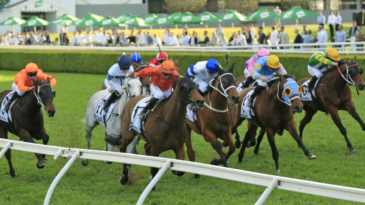 SYDNEY, AUSTRALIA - SEPTEMBER 05: Nash Rawiller on Dreamforce (orange)  wins race 8 the Drinkwise Tramway Stakes during Sydney Racing at Royal Randwick Racecourse on September 05, 2020 in Sydney, Australia. (Photo by Mark Evans/Getty Images)