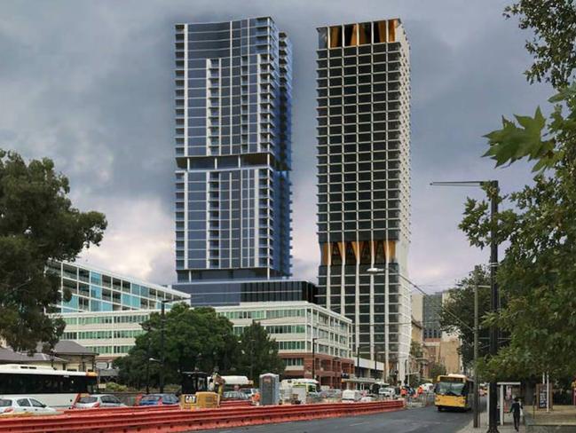 An artist impression of the Global Student Accommodation building, right, next to the Adelaidean apartment and hotel tower.