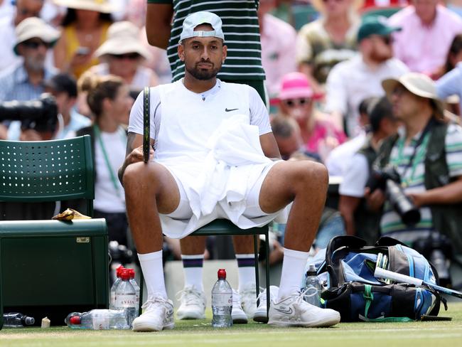 A dejected Nick Kyrgios looks on during a changeover. Picture: Getty Images