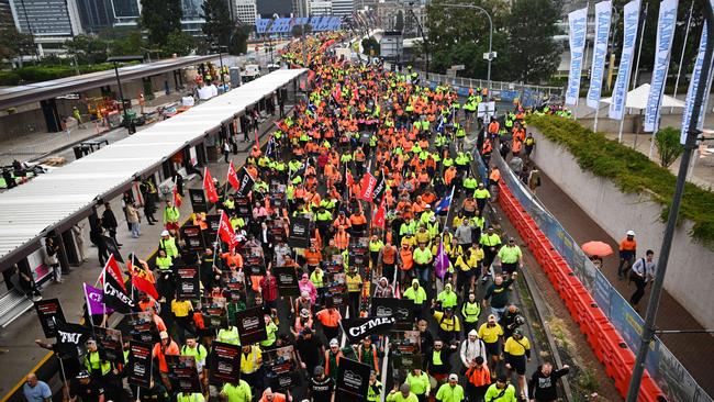 CFMEU workers union march to the Brisbane Convention Centre where the ALP national conference is taking place. Picture: Dan Peled / NCA NewsWire