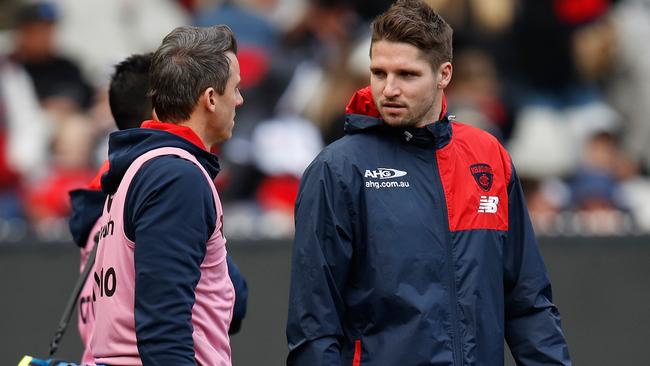 Melbourne star Jesse Hogan after injuring his hamstring in Round 23.