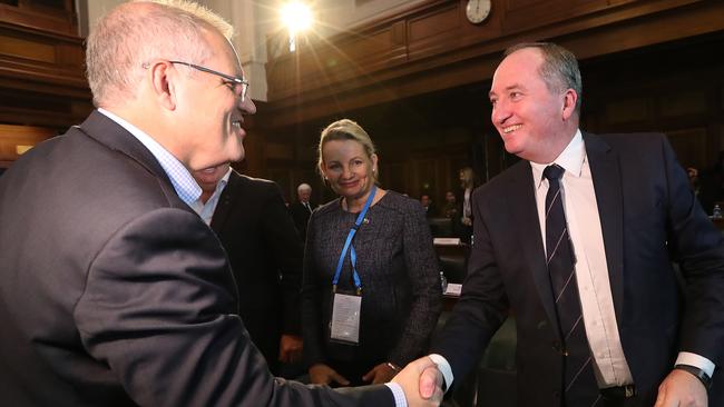 Scott Morrison and Barnaby Joyce at the National Drought Summit in 2018. Picture: Kym Smith.