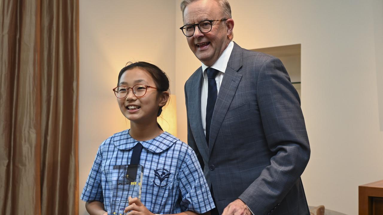 Perth student Joanne Lee, 10, stumped Prime Minister Anthony Albanese when she asked him to spell vespers, which is a service of an evening prayer. Picture: Martin Ollman